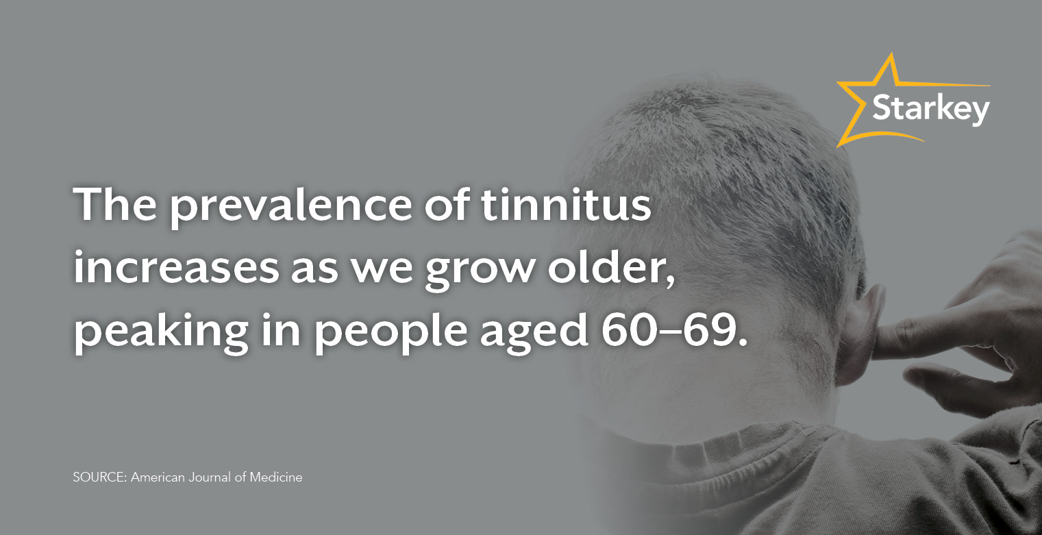 Image from behind of man plugging his ear and text that reads "The prevalence of tinnitus increases as we grow older, peaking in people aged 60 to 69."